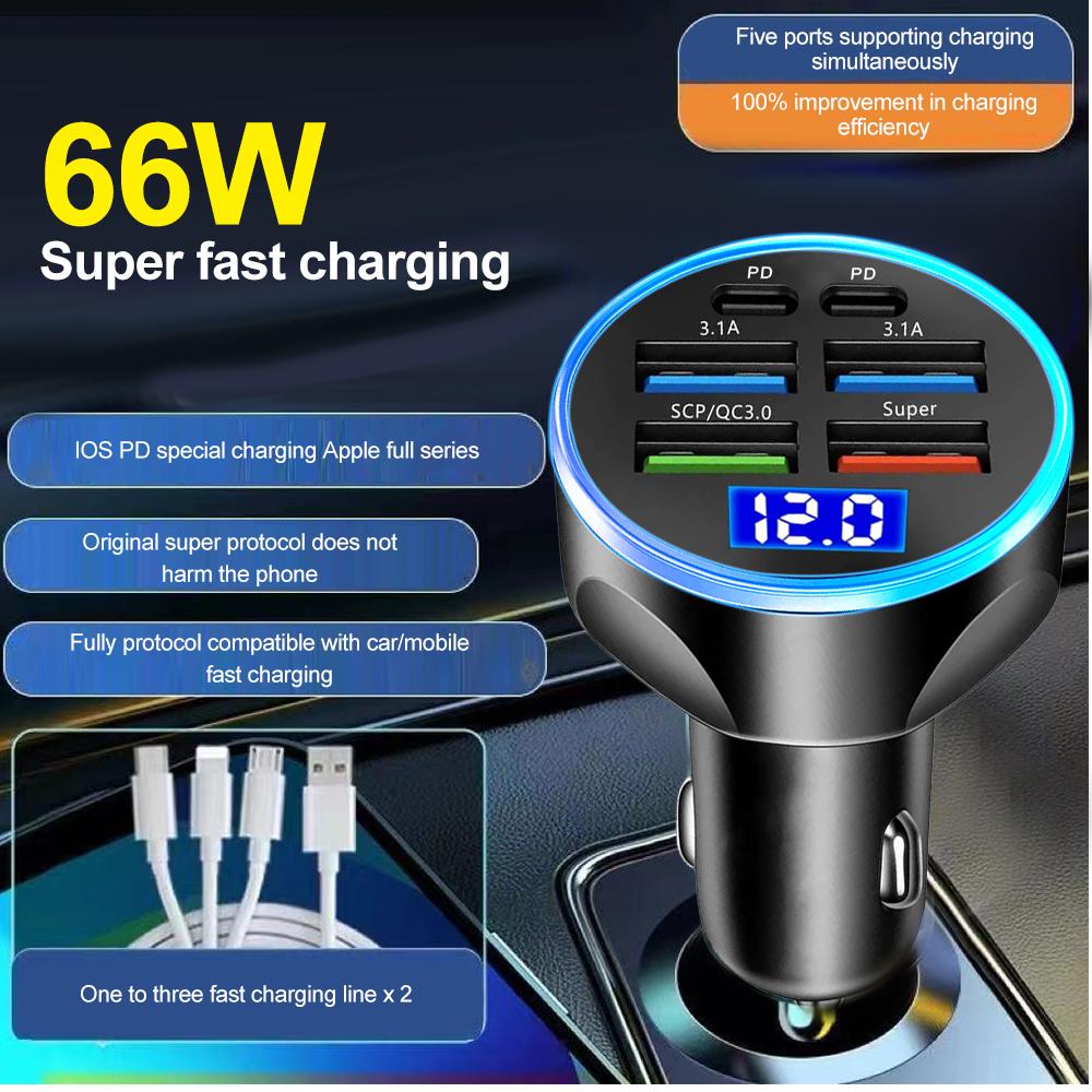 6 Ports USB Car Charger 4 USB+2 PD Fast Charging